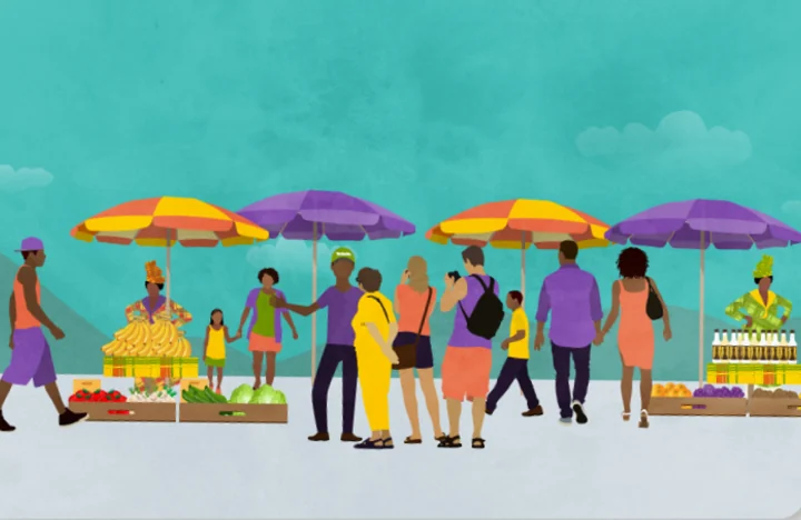 BeGuide: an illustrated market scene with striped umbrellas and figures on teal