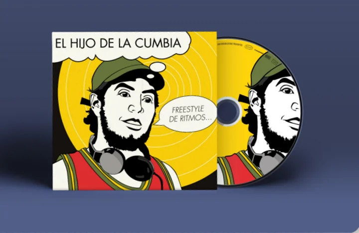 El Hijo de la Cumbia: a CD and its pop-art cover, a man in a cap on a yellow sun, on navy