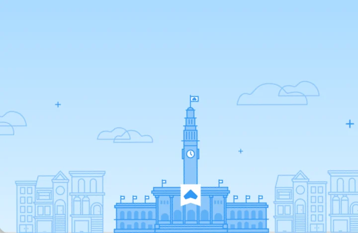 GLIDR: a pale blue city skyline illustration with a clock tower and clouds