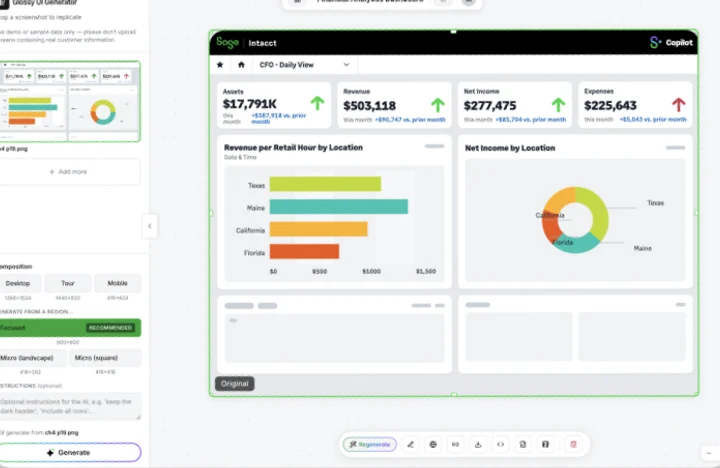 Glossy: the Glossy UI Generator panel beside the Sage Intacct finance dashboard it produced