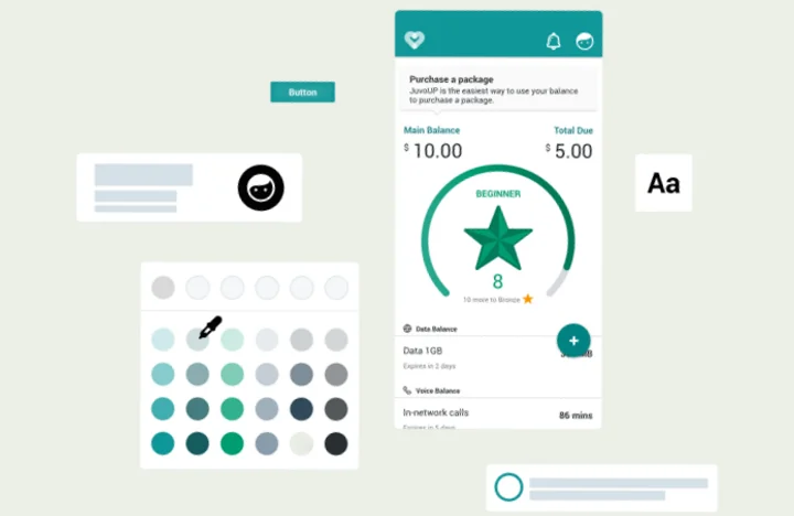 Juvo design system: colour swatches, a type sample and a phone screen with a green star badge and balance cards
