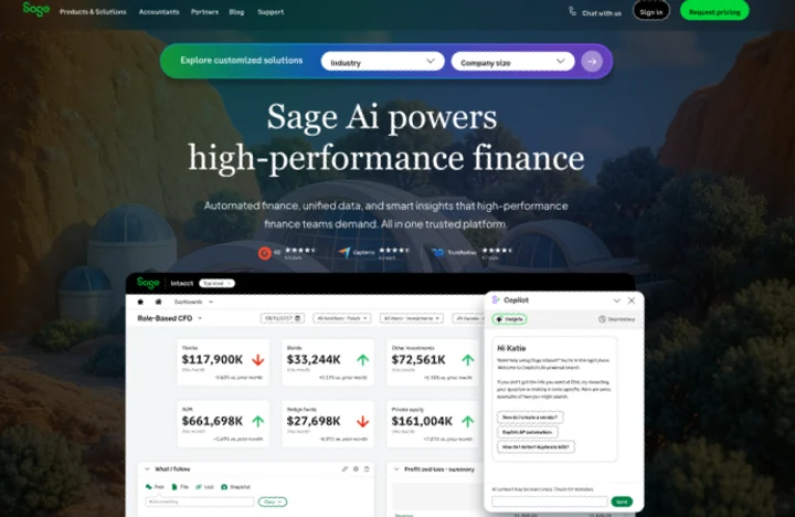 Sage AI experiment: a dark landing page reading “Sage AI powers high-performance finance” above a dashboard with an assistant panel